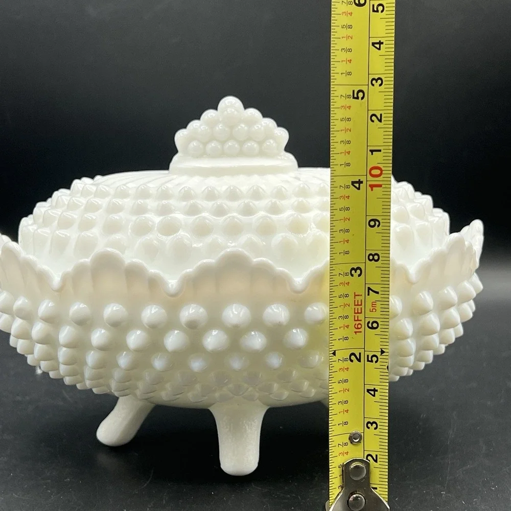 VTG Fenton White Milk Glass Hobnail Oval Footed‎ Covered Candy Dish with Lid